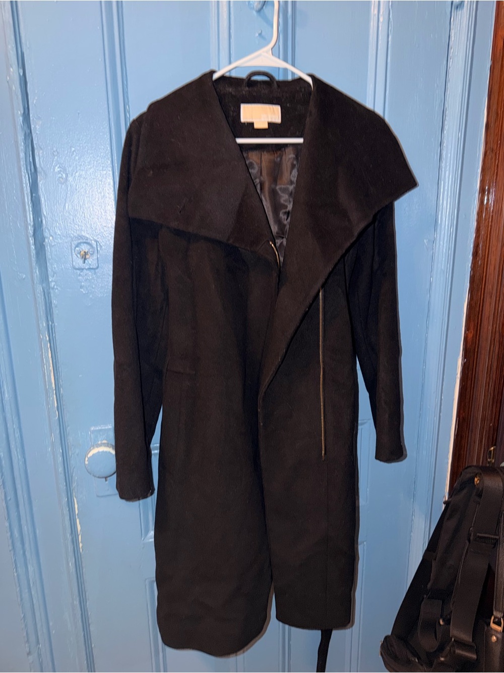 Michael Kors Black Long Wool-Blend Coat with Asymmetrical Zip (Medium Petite)